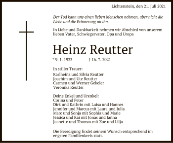 Anzeige von Heinz Reutter von Reutlinger General-Anzeiger