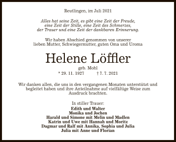 Anzeige von Helene Löffler von Reutlinger General-Anzeiger
