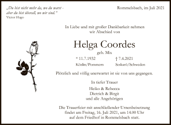 Anzeige von Helga Coordes von Reutlinger General-Anzeiger