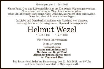 Anzeige von Helmut Wezel von Reutlinger General-Anzeiger