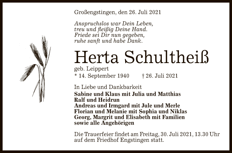  Traueranzeige für Herta Schultheiß vom 28.07.2021 aus Reutlinger General-Anzeiger