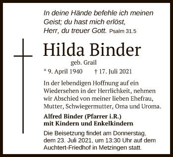 Anzeige von Hilda Binder von Reutlinger General-Anzeiger