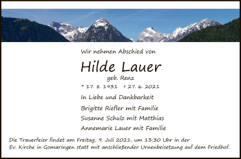 Anzeige von Hilde Lauer von Reutlinger General-Anzeiger