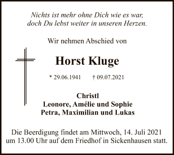 Anzeige von Horst Kluge von Reutlinger General-Anzeiger