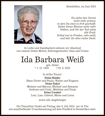 Anzeige von Ida Barbara Weiß von Reutlinger General-Anzeiger