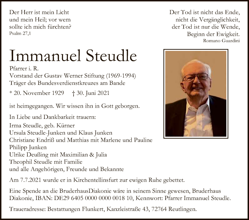  Traueranzeige für Immanuel Steudle vom 10.07.2021 aus Reutlinger General-Anzeiger