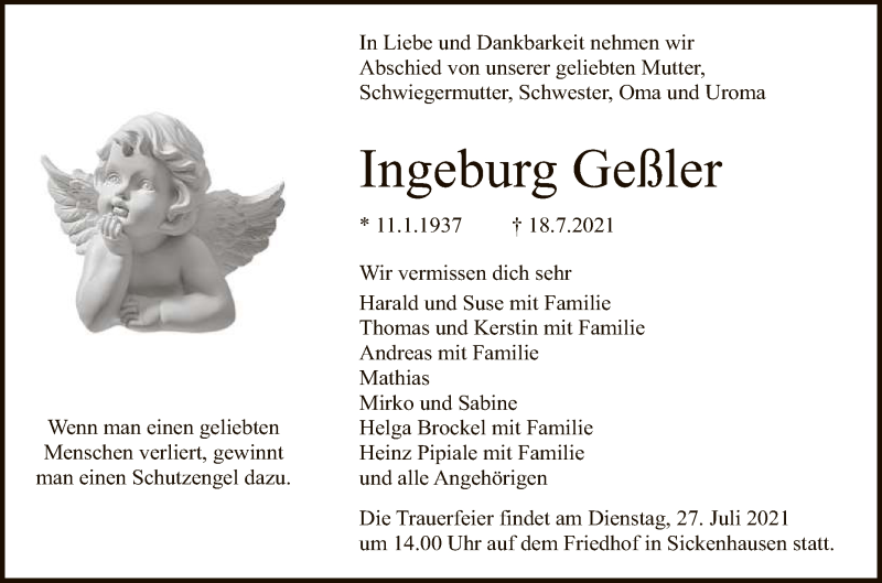  Traueranzeige für Ingeburg Geßler vom 24.07.2021 aus Reutlinger General-Anzeiger