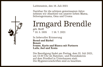 Anzeige von Irmgard Brendle von Reutlinger General-Anzeiger