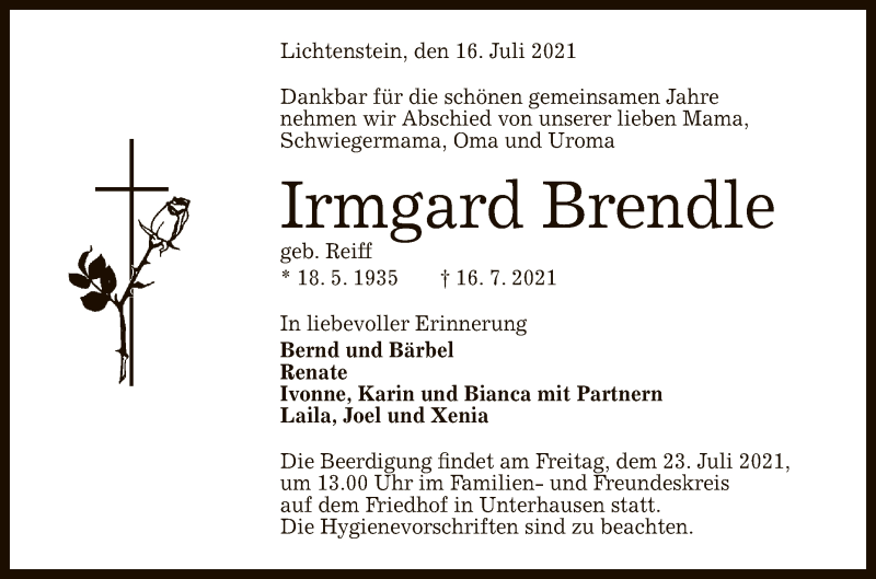  Traueranzeige für Irmgard Brendle vom 21.07.2021 aus Reutlinger General-Anzeiger