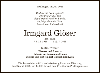 Anzeige von Irmgard Glöser von Reutlinger General-Anzeiger