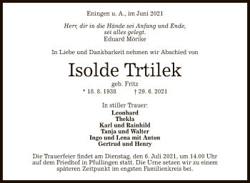 Anzeige von Isolde Trtilek von Reutlinger General-Anzeiger