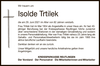 Anzeige von Isolde Trtilek von Reutlinger General-Anzeiger
