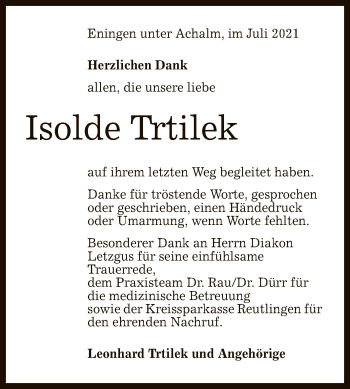 Anzeige von Isolde Trtilek von Reutlinger General-Anzeiger