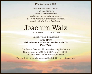 Anzeige von Joachim Walz von Reutlinger General-Anzeiger