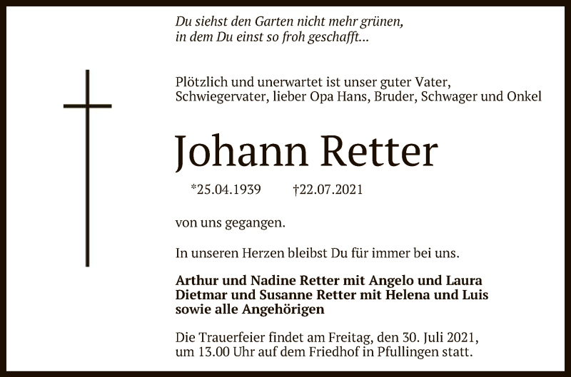  Traueranzeige für Johann Retter vom 27.07.2021 aus Reutlinger General-Anzeiger