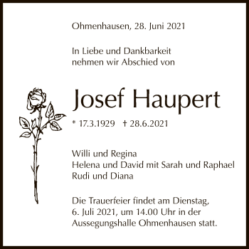 Anzeige von Josef Haupert von Reutlinger General-Anzeiger