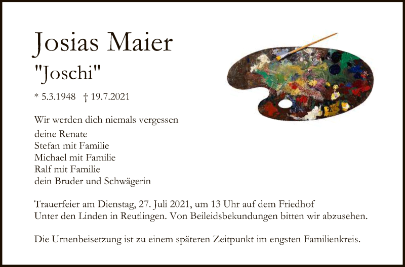  Traueranzeige für Josias Maier vom 24.07.2021 aus Reutlinger General-Anzeiger