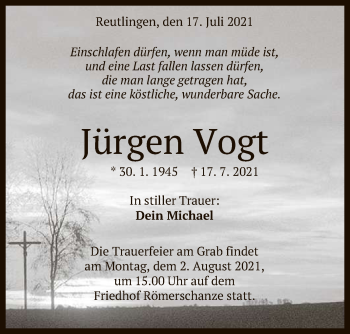 Anzeige von Jürgen Vogt von Reutlinger General-Anzeiger