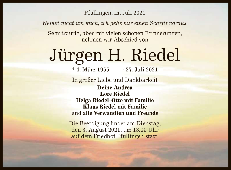  Traueranzeige für Jürgen H. Riedel vom 30.07.2021 aus Reutlinger General-Anzeiger