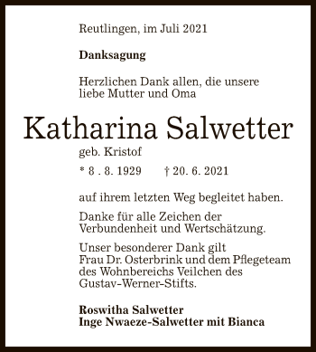 Anzeige von Katharina Salwetter von Reutlinger General-Anzeiger