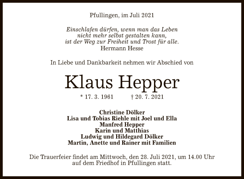  Traueranzeige für Klaus Hepper vom 24.07.2021 aus Reutlinger General-Anzeiger