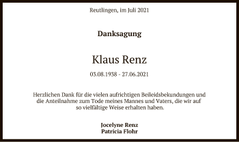 Anzeige von Klaus Renz von Reutlinger General-Anzeiger