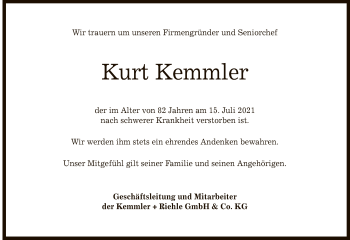 Anzeige von Kurt Kemmler von Reutlinger General-Anzeiger