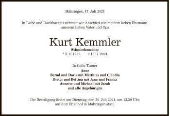 Anzeige von Kurt Kemmler von Reutlinger General-Anzeiger