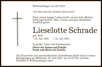 Anzeige von Lieselotte Schrade von Reutlinger General-Anzeiger