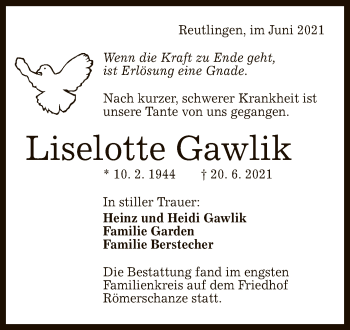 Anzeige von Liselotte Gawlik von Reutlinger General-Anzeiger