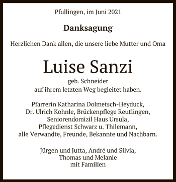 Anzeige von Luise Sanzi von Reutlinger General-Anzeiger