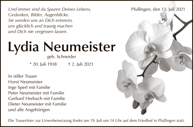  Traueranzeige für Lydia Neumeister vom 13.07.2021 aus Reutlinger General-Anzeiger