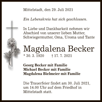 Anzeige von Magdalena Becker von Reutlinger General-Anzeiger