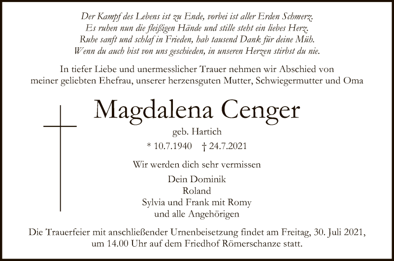  Traueranzeige für Magdalena Cenger vom 27.07.2021 aus Reutlinger General-Anzeiger