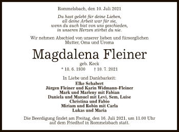 Anzeige von Magdalena Fleiner von Reutlinger General-Anzeiger