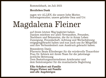 Anzeige von Magdalena Fleiner von Reutlinger General-Anzeiger