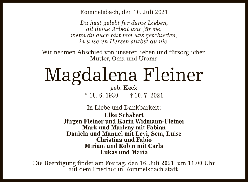  Traueranzeige für Magdalena Fleiner vom 13.07.2021 aus Reutlinger General-Anzeiger