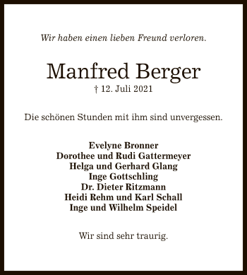 Anzeige von Manfred Berger von Reutlinger General-Anzeiger