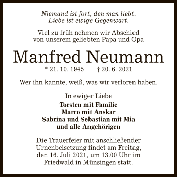 Anzeige von Manfred Neumann von Reutlinger General-Anzeiger