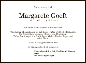 Anzeige von Margarete Goeft von Reutlinger General-Anzeiger