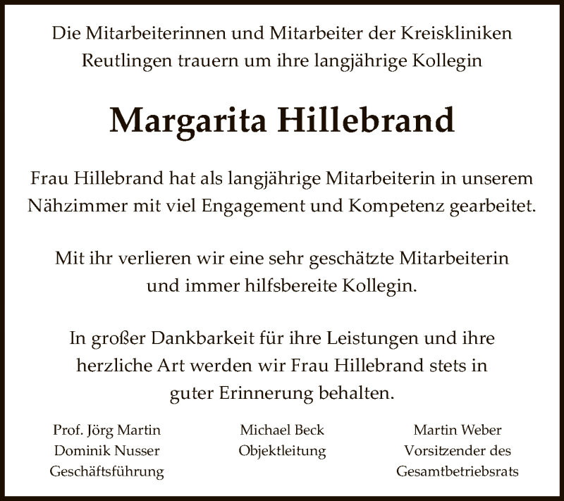  Traueranzeige für Margarita Hillebrand vom 03.07.2021 aus Reutlinger General-Anzeiger