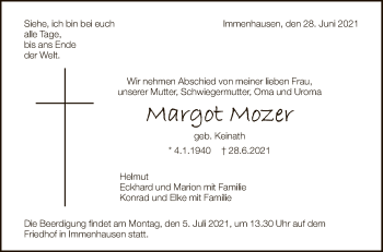 Anzeige von Margot Mozer von Reutlinger General-Anzeiger