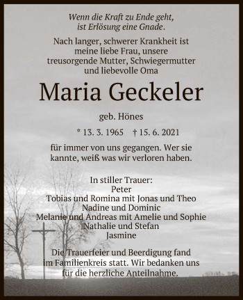 Anzeige von Maria Geckeler von Reutlinger General-Anzeiger