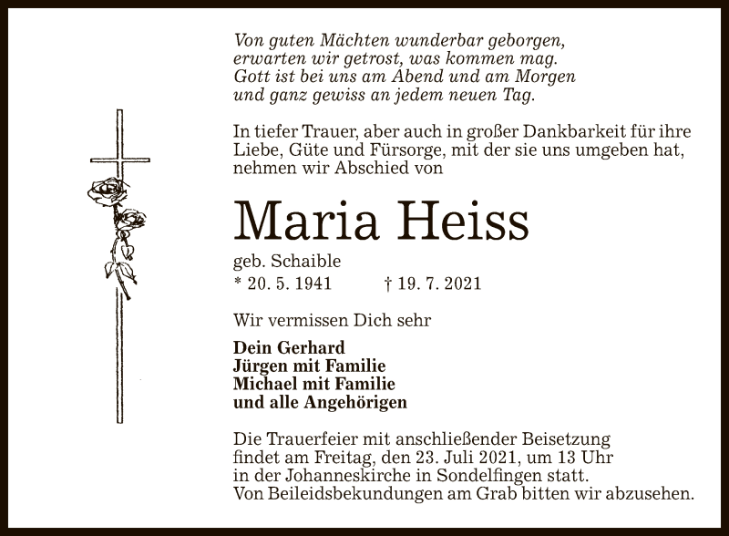  Traueranzeige für Maria Heiss vom 22.07.2021 aus Reutlinger General-Anzeiger