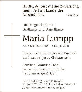 Anzeige von Maria Lumpp von Reutlinger General-Anzeiger