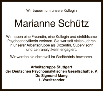 Anzeige von Marianne Schütz von Reutlinger General-Anzeiger