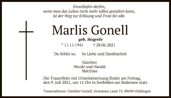 Anzeige von Marlis Gonell von Reutlinger General-Anzeiger
