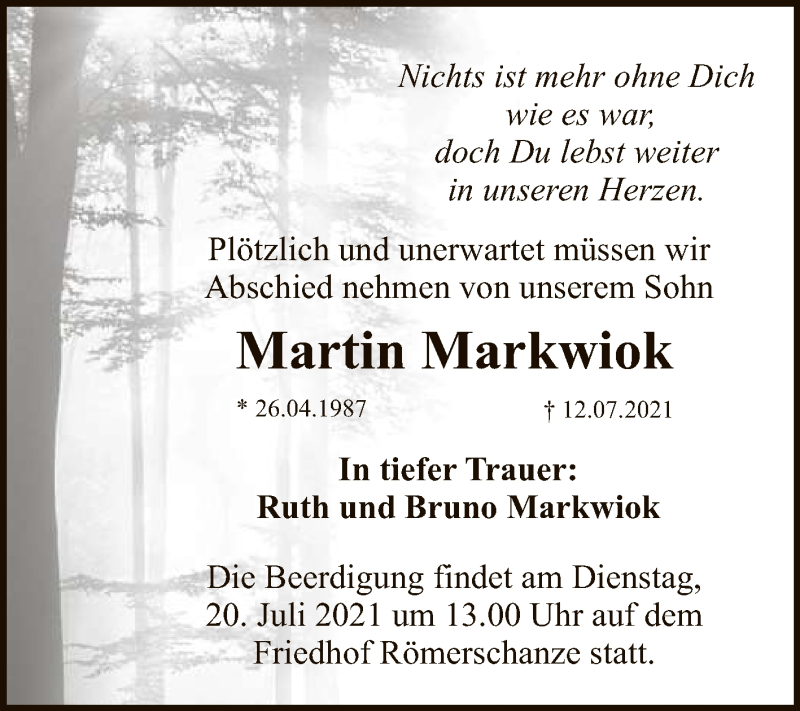  Traueranzeige für Martin Markwiok vom 17.07.2021 aus Reutlinger General-Anzeiger