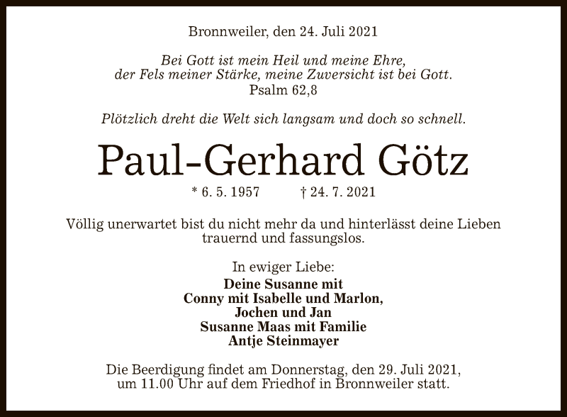  Traueranzeige für Paul-Gerhard Götz vom 27.07.2021 aus Reutlinger General-Anzeiger