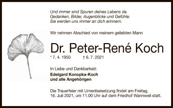 Anzeige von Peter-René Koch von Reutlinger General-Anzeiger